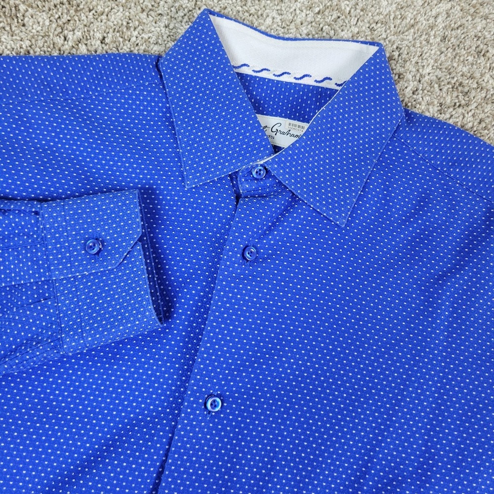 Robert Graham Mens 15.5-39 Blue AOP Polka Dots Button Up‎ Long Sleeve